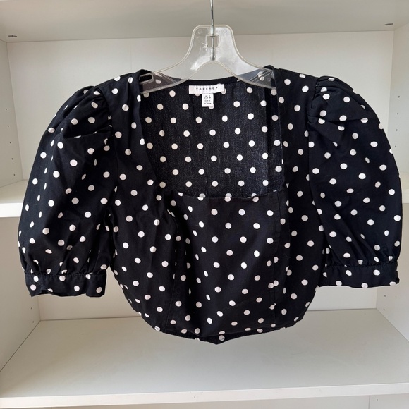 TOPSHOP Spot Puff Sleeve Poplin Corset Crop Top Black Polka Dot - Picture 3 of 5
